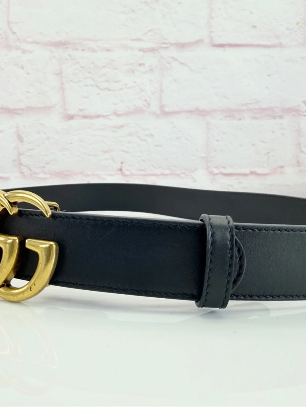 Authentic Gucci Slim Leather Marmont Gg Double Mens Belt Black 80/32” 414516